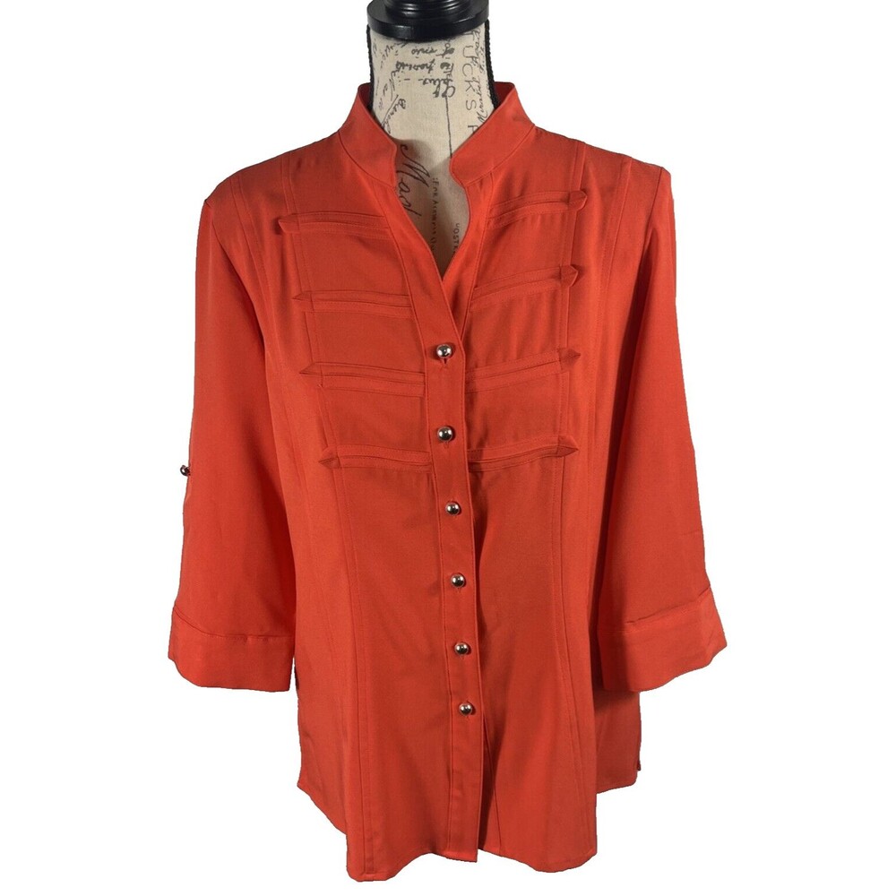 Kathy Che Women’s Medium Blouse Red Orange Military Style Tab Sleeve Tunic